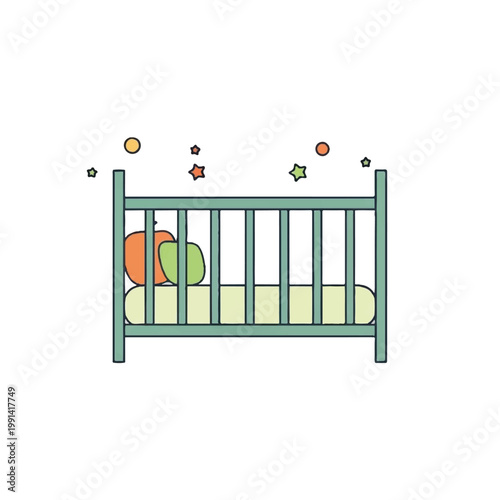 Green wooden baby crib with colorful pillows and stars.