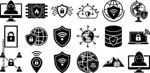 Cybersecurity icons with shields locks and globes for online protection and safety measures