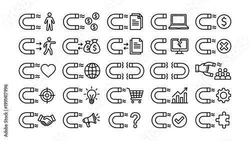 Marketing and business magnet icons with marketing business customer generation investment analysis computer document feedback lightbulb shopping bullseye communication megaphone