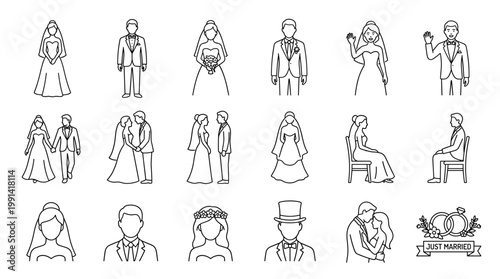Wedding couple line art vector set with bride, groom, ceremony poses, portraits, rings, seated couple and just married celebration elements