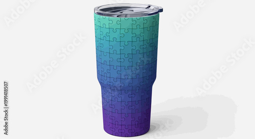 A colorful mosaic tumbler sits on a white surface indoors.