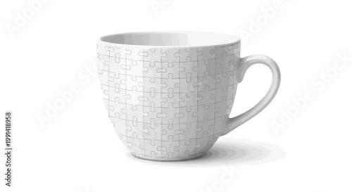 A close-up photo of a white coffee mug with a mosaic pattern on a plain background.