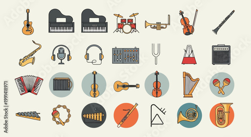 Collection of musical instruments and sound equipment icons.