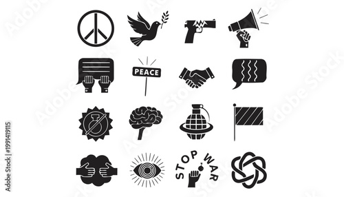Collection of peace symbols and anti-war activism icons for global harmony and protest concepts.
Flat black vector silhouettes featuring doves, peace signs, and handshakes for social justice projects.