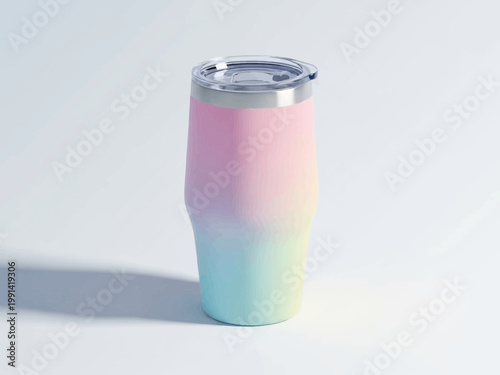 A pastel-colored insulated tumbler with a silver lid sits on a white surface.