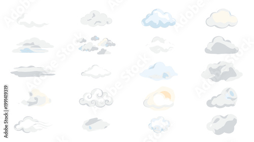 Soft cloud weather vector set with sky clouds, fog, mist, rain clouds, storm forms and gentle atmospheric design elements