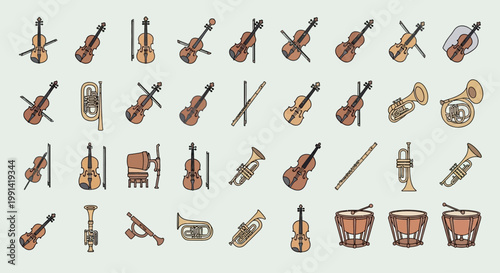 Seamless pattern of various musical instruments on a light background.