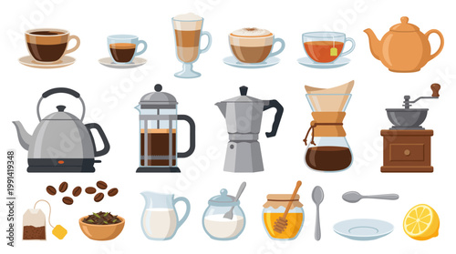 Coffee and tea vector icon set with cups, mugs, teapot, kettle, french press, moka pot, pour over, grinder, sugar, honey and cafe items