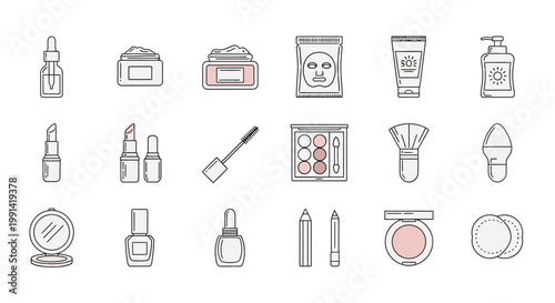 Collection of beauty products, makeup, and skincare line art icons