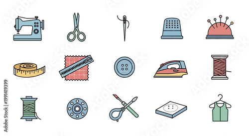 Sewing and Tailoring Tools Flat Line Icons Collection
