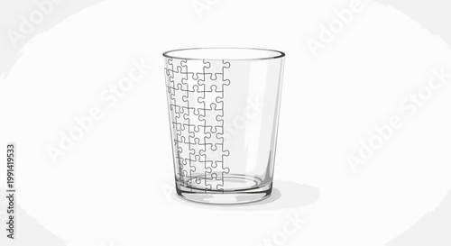 A clear glass with a puzzle design sits on a table indoors.