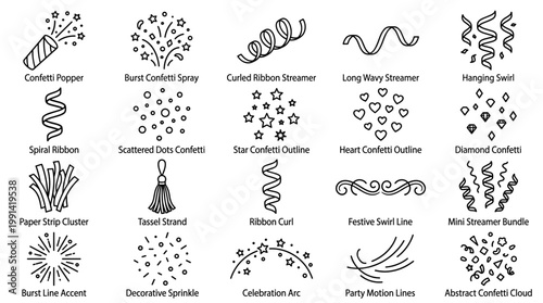 Party confetti line art vector set with poppers, streamers, dots, hearts, ribbons, sprinkles and festive celebration decoration elements