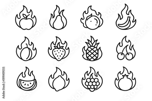 Fire-Infused Fruit Icons. Fruits forged from fire. Line outline icon set of Fruits forged from fire: flame