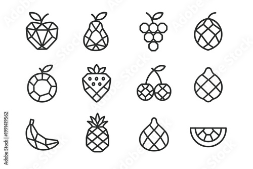 Gemstone Fruit Icons. Gemstone fruits. Line outline icon set of Gemstone fruits: ruby apple, sapphire pear,