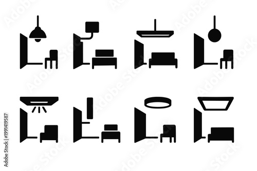 Floating Lighting Icons. Floating lighting in minimalist rooms. Filled icon set of floating lighting in