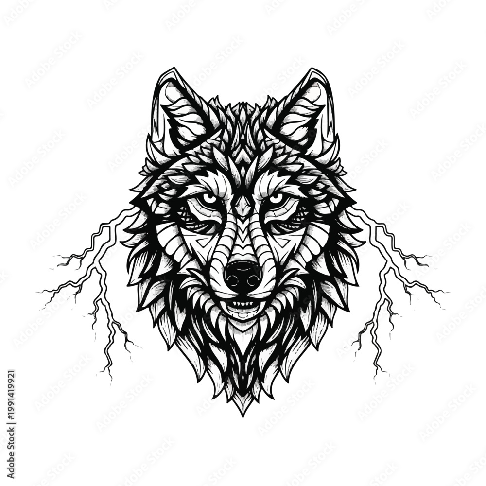 Fototapeta premium Intricate Geometric Wolf Head with Lightning Bolt Accents.