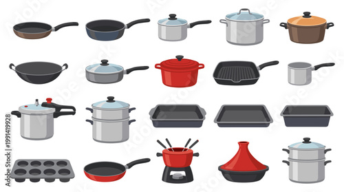 Colorful cookware vector icon set with frying pans, saucepans, stock pots, wok, griddle, muffin tray, kettle, fondue pot and kitchen tools