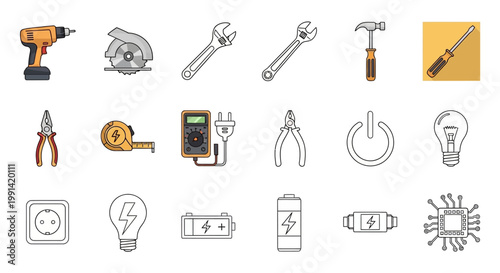 Collection of electrical tools, power icons, and repair symbols