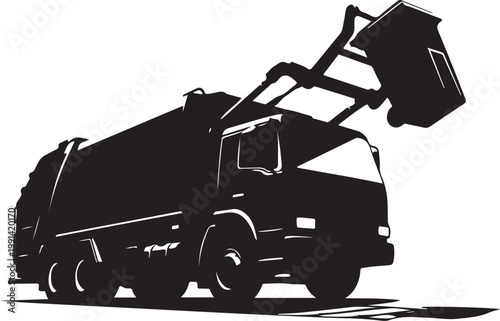 Garbage truck, waste management vehicle, trash collector, sanitation truck, black silhouette