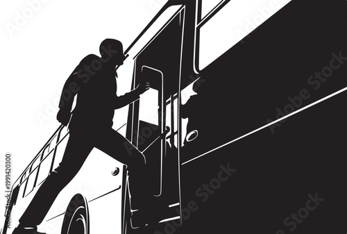 Silhouette of man stepping onto bus, black and white vector graphic, transportation illustration, silhouette