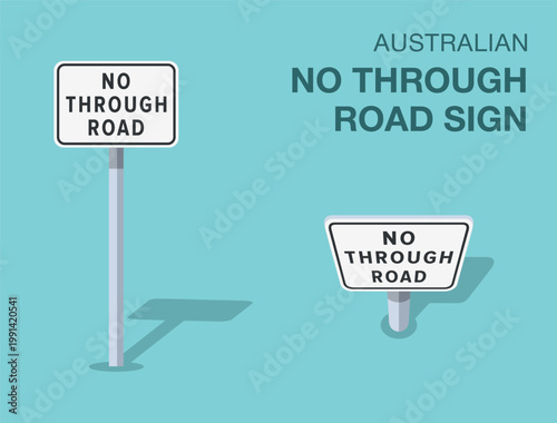 Traffic regulation rules. Isolated australian "no through road" road sign. Front and top view. Flat vector illustration template.
