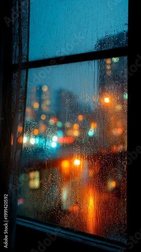 Rainy window raindrop wet glass city light night bokeh urban reflection, rain streak street light glass view over city night, calm moody reflection