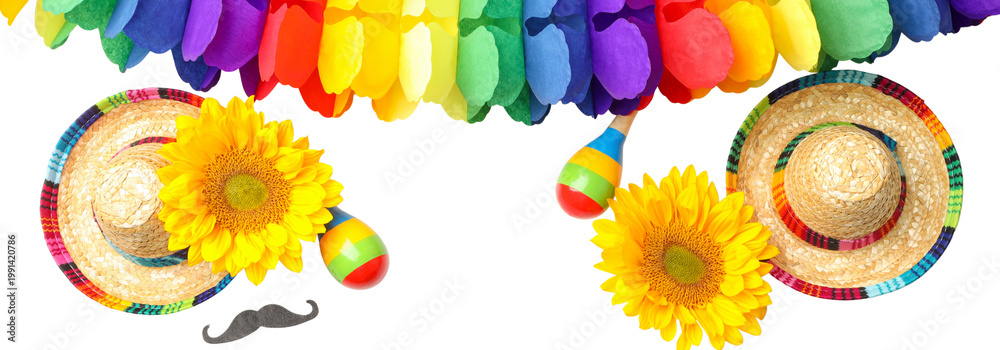Fototapeta premium Cinco de Mayo, Colorful hats, maracas, and sunflowers for fun, PNG