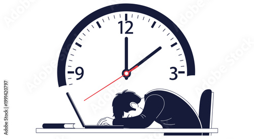 Tired office worker character sleeping on a laptop at a desk under a large clock showing late working hours.