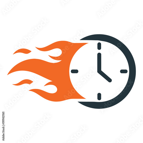 Clock with flames passing fast time speed concept icon  fast moving clock icon