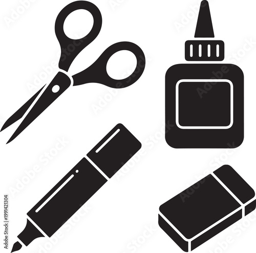 Black and white set featuring scissors, glue bottle, felt tip marker, and rectangular eraser