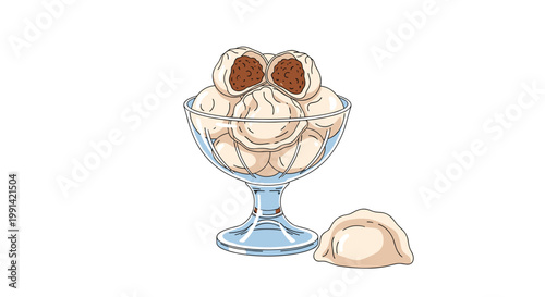 Glass bowl filled with traditional cooked dumplings shown in a detailed food illustration with cross section view.