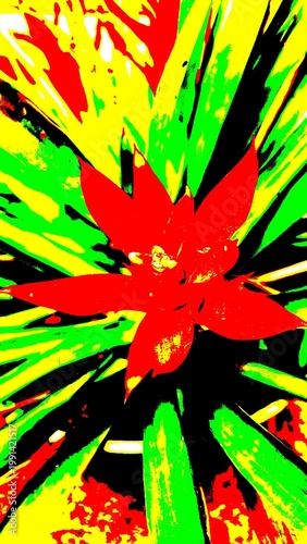 Vibrant psychedelic bromeliad flower with neon red bloom and electric green yellow leaves, high-contrast pop art poster effect, tropical abstract nature background, bold colorful artwork.