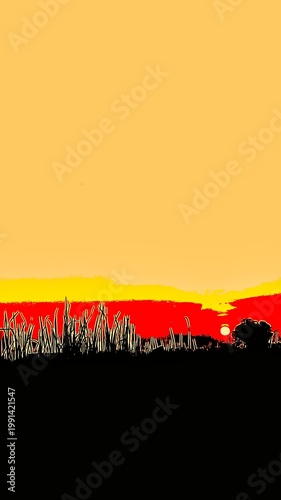 High-contrast minimalist sunrise illustration with vivid yellow sky, red horizon, and black grass silhouettes, creating a striking, modern nature scene for bold visual designs.
