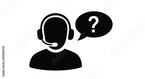 Customer support representative with a question mark in a speech bubble silhouette
