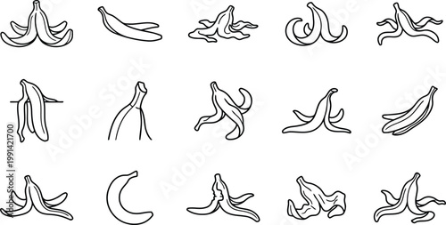 Comprehensive collection of vector outline icons illustrating whole bananas and various forms of banana peels with slippery illustration tropical