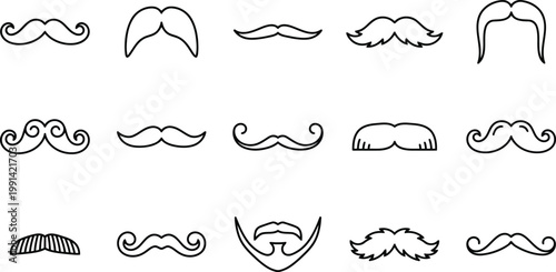 Diverse collection of vector outline icons showcasing a wide range of moustache and beard facial hair styles with moustache grooming gentleman