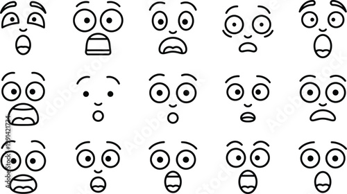 Set of cartoon facial expressions depicting shock surprise amazement in simple outline vector graphics expressions surprise emotions