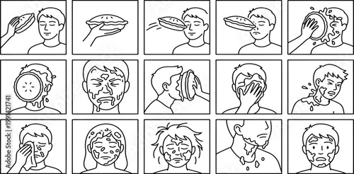 Comic strip storyboard depicting people getting hit by pies in the face and subsequent messy reactions vector illustration with slapstick, reaction