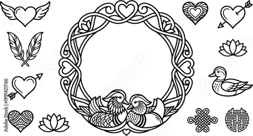 Heart and nature themed symbols collection with mandarin ornament illustration romantic valentine symbolic abstract decoration collection