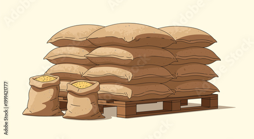 Large stack of burlap sacks filled with grain or flour sitting on a wooden pallet in a warehouse or farm setting.