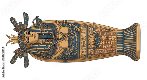 Highly detailed illustration of an ancient Egyptian sarcophagus with colorful hieroglyphics and royal regalia on its surface.