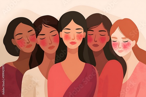 diverse women cosmetic allergy irritation, redness on face different skin tones, inclusive beauty concept