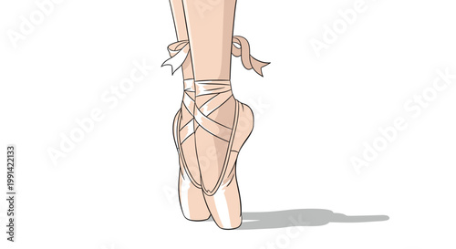 Close-up illustration of a ballerina's feet in pink satin pointe shoes performing a graceful dance pose on a white floor.