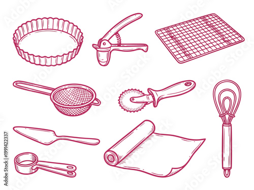 Baking Utensils Illustration Kitchen Tools for Pastry and Dessert Preparation.