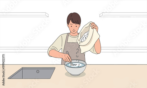 A person rinsing and preparing rice in a bowl inside a clean kitchen environment.