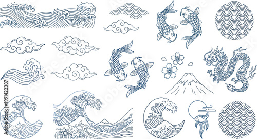 Abstract blue illustrations of japanese nature and mythical elements with japanese abstract illustration mountain composition aesthetic mythical