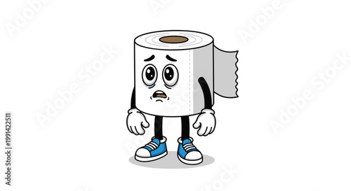 Funny cartoon toilet paper roll character with a sad and worried facial expression wearing blue sneakers and gloves.