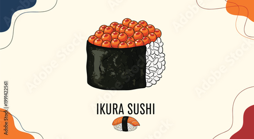 Detailed illustration of ikura gunkan maki sushi topped with bright orange salmon roe and wrapped in seaweed.