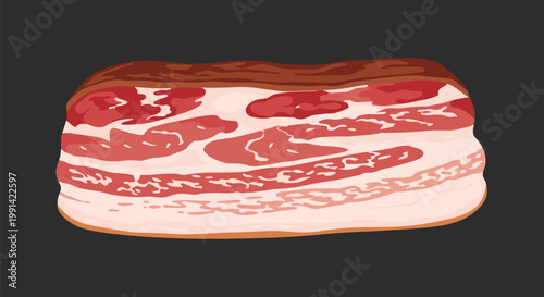 Side view illustration of a large thick slab of smoked bacon showing clearly visible layers of succulent lean meat and fat.