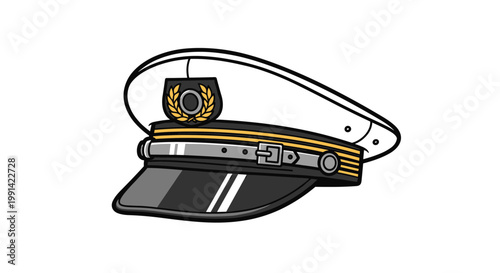 Classic white and black maritime captain's hat with gold embroidery and a golden laurel wreath emblem on the front.